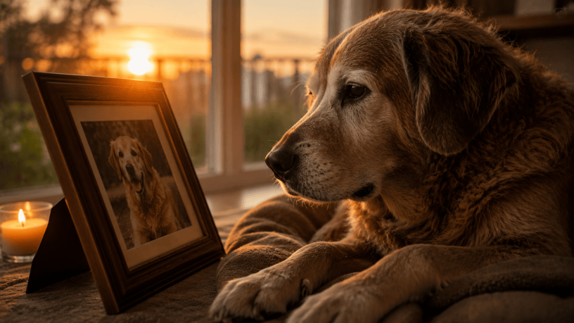 Cane anziano osserva la fotografia di un altro cane al tramonto, immagine simbolica del legame affettivo e del possibile lutto nel mondo animale.
