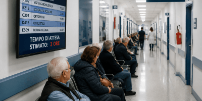 Una donna anziana parla con un medico in un ambulatorio moderno mentre consulta alcuni documenti sanitari. L'immagine rappresenta il tema dell'accesso alle cure e delle difficoltà che molte persone incontrano nel sistema sanitario.