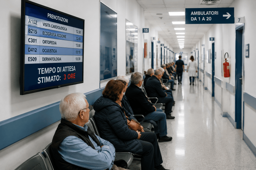 Una donna anziana parla con un medico in un ambulatorio moderno mentre consulta alcuni documenti sanitari. L'immagine rappresenta il tema dell'accesso alle cure e delle difficoltà che molte persone incontrano nel sistema sanitario.