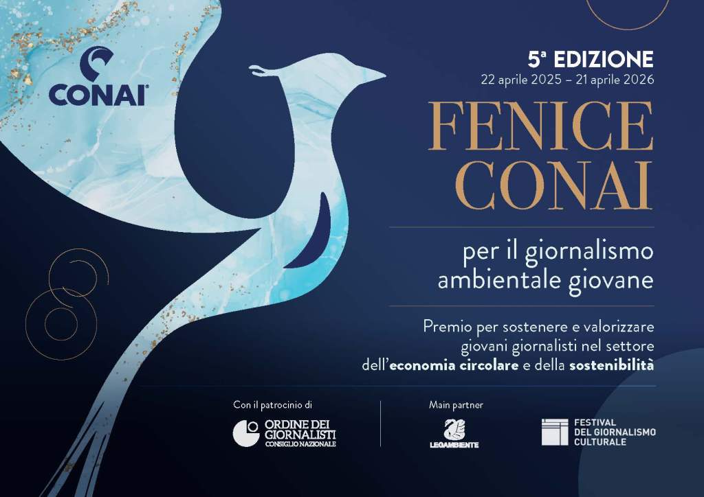 Promotional banner for the 5th edition of the Fenice Conai award, supporting young environmental journalism from April 22, 2025, to April 21, 2026, featuring logos of CONAI, Ordine dei Giornalisti, Legambiente, and Festival del Giornalismo Culturale.