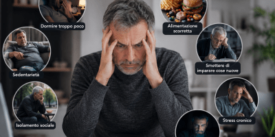 Uomo di mezza età con espressione preoccupata seduto davanti a una scrivania, circondato da immagini che rappresentano cattive abitudini come sedentarietà, sonno insufficiente, isolamento sociale, alimentazione scorretta, stress cronico e uso eccessivo degli schermi.