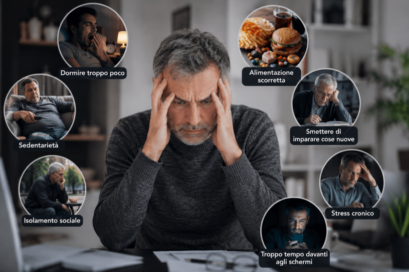 Uomo di mezza età con espressione preoccupata seduto davanti a una scrivania, circondato da immagini che rappresentano cattive abitudini come sedentarietà, sonno insufficiente, isolamento sociale, alimentazione scorretta, stress cronico e uso eccessivo degli schermi.