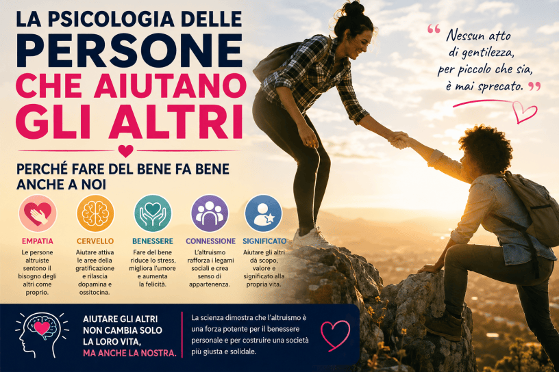Due persone si aiutano a vicenda durante un'escursione in montagna al tramonto. L'immagine rappresenta solidarietà, empatia, altruismo e il valore psicologico dell'aiutare gli altri.