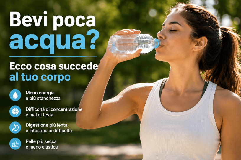 Donna che beve acqua da una bottiglia durante una giornata soleggiata all'aperto. L'immagine illustra l'importanza dell'idratazione quotidiana e i possibili effetti della scarsa assunzione di acqua sul benessere dell'organismo.