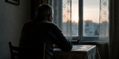 Persona anziana seduta da sola accanto a una finestra al tramonto, immersa nei propri pensieri. L'immagine rappresenta il tema della solitudine, dell'isolamento sociale e delle sue conseguenze sulla salute e sul benessere.
