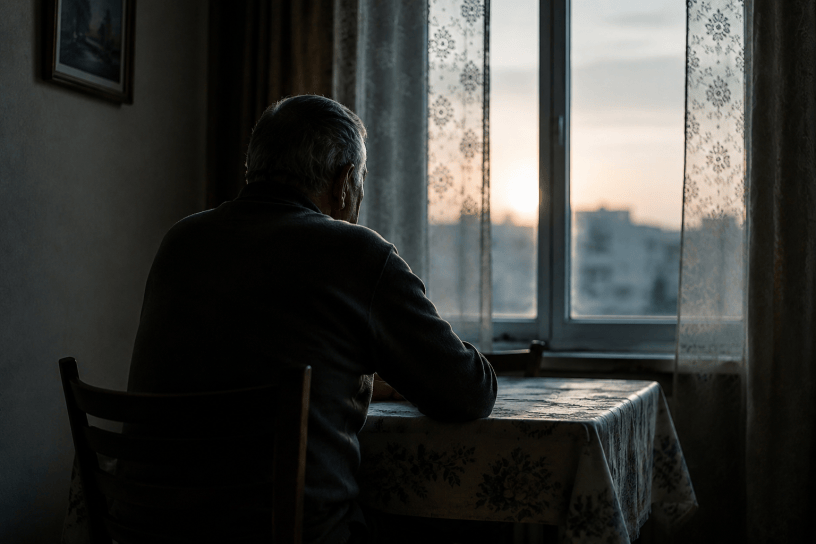 Persona anziana seduta da sola accanto a una finestra al tramonto, immersa nei propri pensieri. L'immagine rappresenta il tema della solitudine, dell'isolamento sociale e delle sue conseguenze sulla salute e sul benessere.