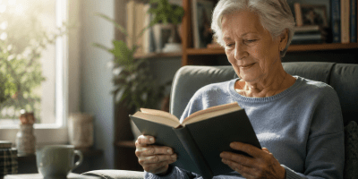 Un anziana dall'aspetto sereno legge un libro in una biblioteca luminosa mentre consulta un tablet. L'immagine rappresenta il mantenimento delle capacità cognitive e della memoria anche in età avanzata.