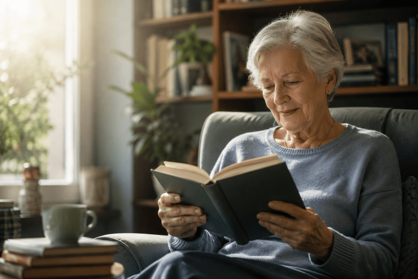 Un anziana dall'aspetto sereno legge un libro in una biblioteca luminosa mentre consulta un tablet. L'immagine rappresenta il mantenimento delle capacità cognitive e della memoria anche in età avanzata.