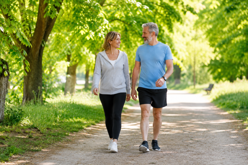 Una coppia di adulti cammina lungo un sentiero immerso nel verde durante una luminosa mattina primaverile. L'immagine rappresenta i benefici dell'attività fisica quotidiana per la salute, il benessere mentale e la longevità.