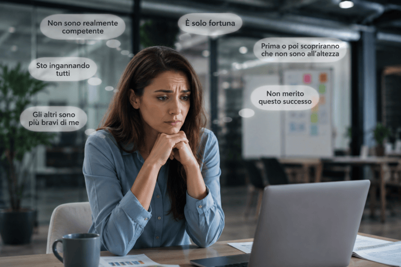 Professionista seduta davanti a un computer in un moderno ufficio mentre riflette con espressione preoccupata. Attorno a lei compaiono pensieri di dubbio e insicurezza legati alla sindrome dell'impostore, nonostante il successo professionale.