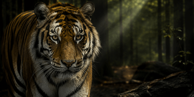 Una maestosa tigre avanza nella penombra di una foresta, illuminata da raggi di luce che filtrano tra gli alberi. L'immagine richiama la celebre poesia The Tyger di William Blake e il mistero della natura selvaggia.