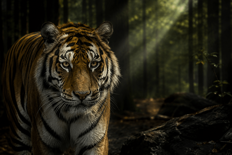 Una maestosa tigre avanza nella penombra di una foresta, illuminata da raggi di luce che filtrano tra gli alberi. L'immagine richiama la celebre poesia The Tyger di William Blake e il mistero della natura selvaggia.