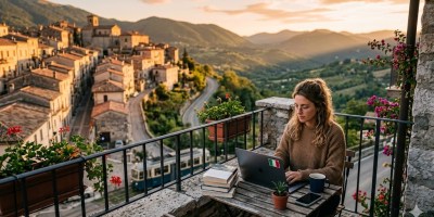 Una giovane donna con occhiali e capelli biondi raccolti lavora al computer portatile seduta al tavolino di un balcone in pietra. Il laptop ha un piccolo adesivo della bandiera italiana sulla scocca. Sul tavolo di legno ci sono anche una tazza blu, tre libri impilati, una piantina e uno smartphone. Il balcone è ornato da fioriere con gerani rossi e bouganville rosa. Sullo sfondo si estende un suggestivo borgo storico italiano arroccato, con case in pietra e tetti in terracotta, immerso in colline verdi sotto la luce calda e dorata del tramonto.