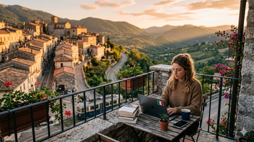Una giovane donna con occhiali e capelli biondi raccolti lavora al computer portatile seduta al tavolino di un balcone in pietra. Il laptop ha un piccolo adesivo della bandiera italiana sulla scocca. Sul tavolo di legno ci sono anche una tazza blu, tre libri impilati, una piantina e uno smartphone. Il balcone è ornato da fioriere con gerani rossi e bouganville rosa. Sullo sfondo si estende un suggestivo borgo storico italiano arroccato, con case in pietra e tetti in terracotta, immerso in colline verdi sotto la luce calda e dorata del tramonto.