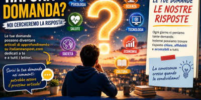 Persona che osserva un grande punto interrogativo luminoso sospeso nel cielo, circondata da simboli di psicologia, scienza, salute, tecnologia, economia, cultura e società, in una grafica dedicata alle domande dei lettori di italianewspost.com.