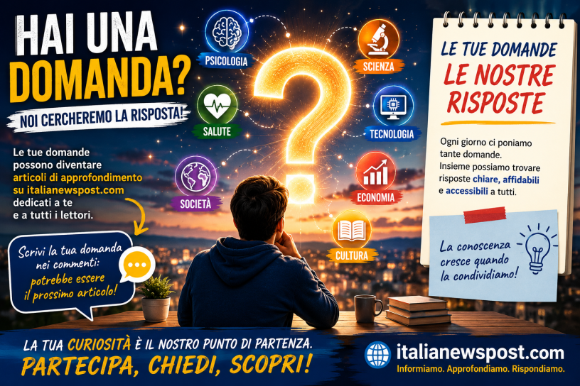 Persona che osserva un grande punto interrogativo luminoso sospeso nel cielo, circondata da simboli di psicologia, scienza, salute, tecnologia, economia, cultura e società, in una grafica dedicata alle domande dei lettori di italianewspost.com.