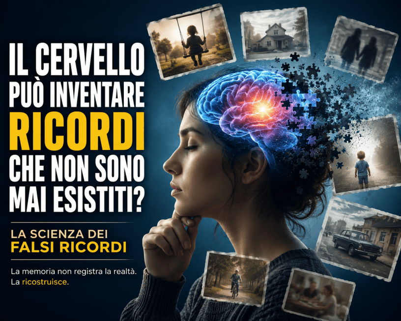 Donna pensierosa con un cervello luminoso rappresentato graficamente mentre attorno a lei fluttuano fotografie e frammenti di ricordi. L'immagine illustra il fenomeno dei falsi ricordi e il funzionamento della memoria umana.