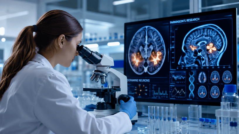 Ricercatore in laboratorio mentre analizza modelli tridimensionali del cervello umano e neuroni illuminati da monitor digitali, simbolo delle nuove terapie contro il morbo di Parkinson.
