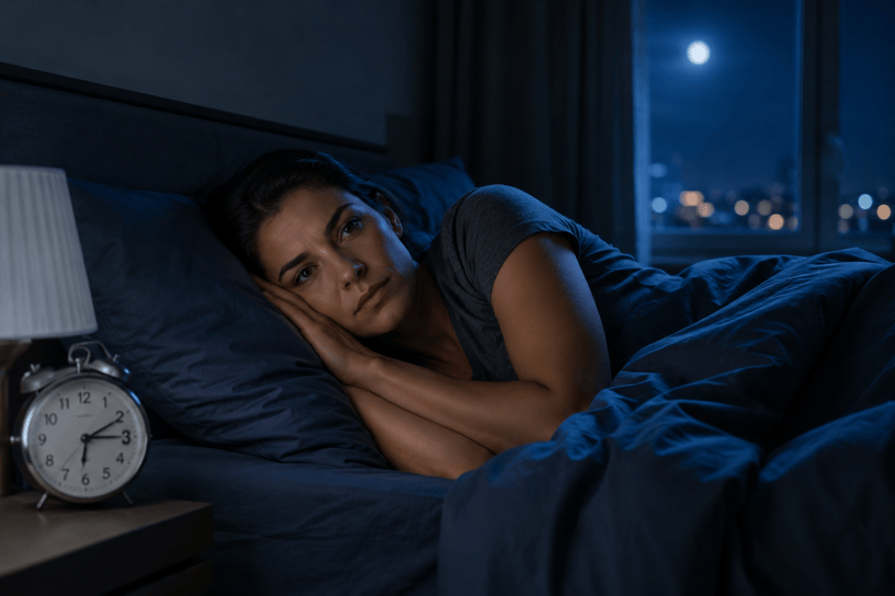 Donna sveglia nel letto durante la notte, immersa nei propri pensieri, mentre osserva il buio della stanza. La scena rappresenta l'insonnia, la ruminazione mentale e le preoccupazioni che emergono nelle ore notturne.