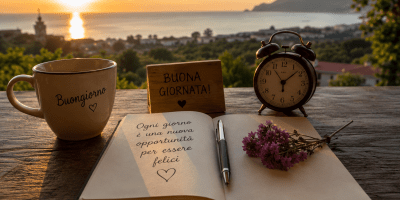 Tazza di caffè, agenda aperta e sveglia su un tavolo in legno illuminato dal sole nascente sul mare. Un'immagine che richiama il buongiorno, la riflessione e l'inizio di una nuova giornata.