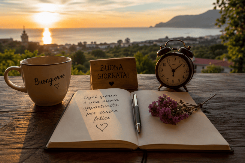 Tazza di caffè, agenda aperta e sveglia su un tavolo in legno illuminato dal sole nascente sul mare. Un'immagine che richiama il buongiorno, la riflessione e l'inizio di una nuova giornata.