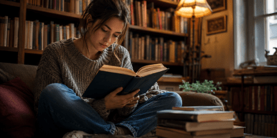 Persona seduta in una biblioteca moderna con un libro aperto tra le mani mentre intorno altre persone utilizzano smartphone e dispositivi digitali. Immagine che rappresenta il cambiamento delle abitudini di lettura nella società contemporanea.