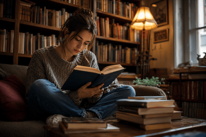 Persona seduta in una biblioteca moderna con un libro aperto tra le mani mentre intorno altre persone utilizzano smartphone e dispositivi digitali. Immagine che rappresenta il cambiamento delle abitudini di lettura nella società contemporanea.