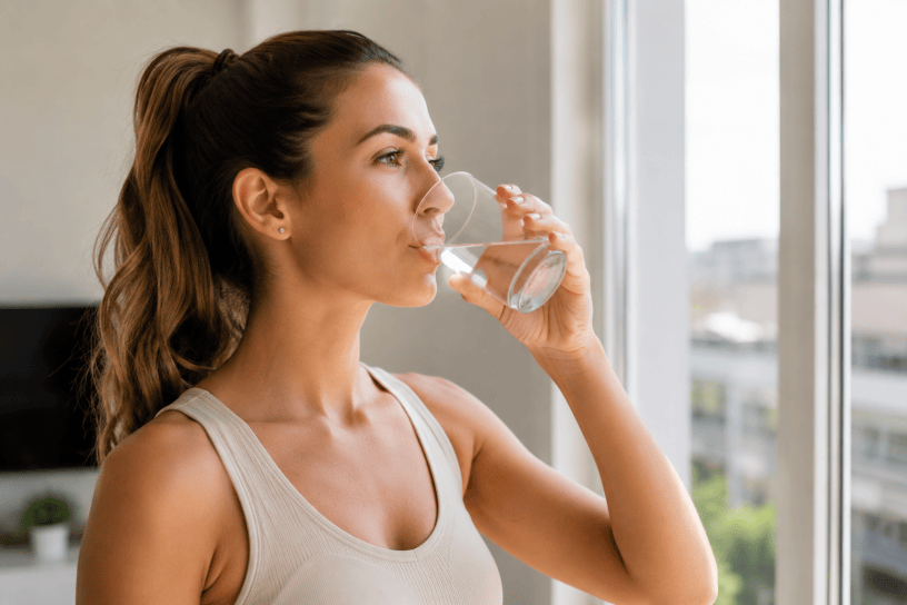 Giovane donna che beve un bicchiere d'acqua all'aperto in una giornata luminosa, simbolo di corretta idratazione, salute e benessere quotidiano.