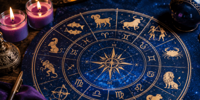 Ruota zodiacale illuminata da candele su un tavolo decorato, con simboli astrologici dorati e sfondo stellato che richiama il mistero dell'oroscopo e della fortuna.