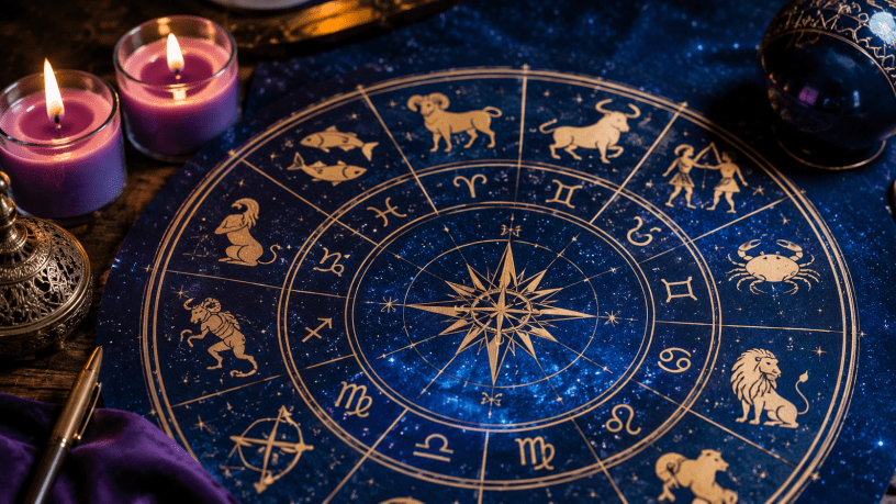 Ruota zodiacale illuminata da candele su un tavolo decorato, con simboli astrologici dorati e sfondo stellato che richiama il mistero dell'oroscopo e della fortuna.