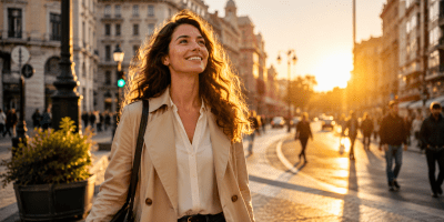 Persona sorridente che cammina con sicurezza in una strada illuminata dal sole, simbolo delle opportunità, dell'ottimismo e della fortuna nella vita quotidiana.