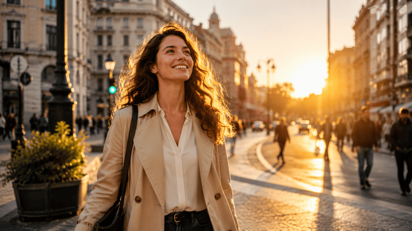 Persona sorridente che cammina con sicurezza in una strada illuminata dal sole, simbolo delle opportunità, dell'ottimismo e della fortuna nella vita quotidiana.