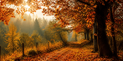 Paesaggio autunnale con foglie che cadono e alberi spogli, ispirato alla poesia “Autunno” di Rainer Maria Rilke e ai temi del tempo e della fragilità umana.