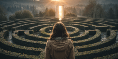 Donna osserva un grande labirinto circolare immerso nella natura mentre una porta luminosa si apre all’orizzonte, simbolo della ricerca di una via d’uscita dai condizionamenti emotivi e dagli schemi ripetitivi della vita.