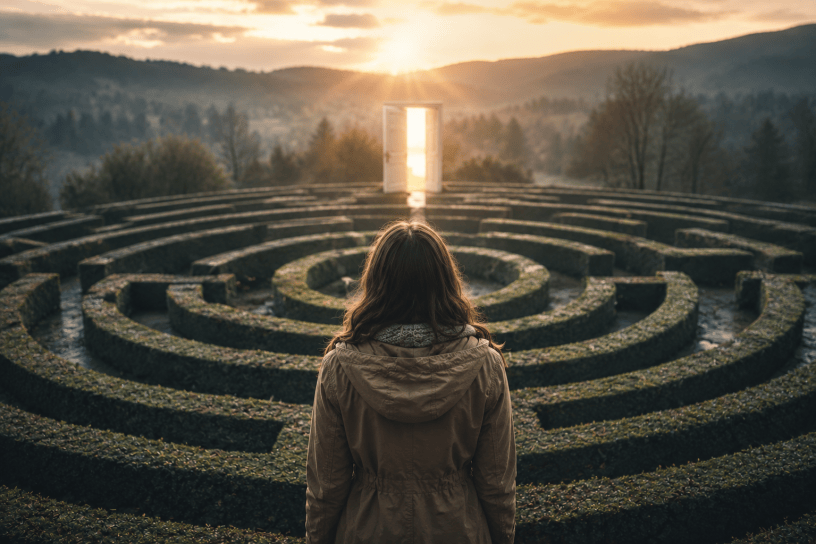 Donna osserva un grande labirinto circolare immerso nella natura mentre una porta luminosa si apre all’orizzonte, simbolo della ricerca di una via d’uscita dai condizionamenti emotivi e dagli schemi ripetitivi della vita.
