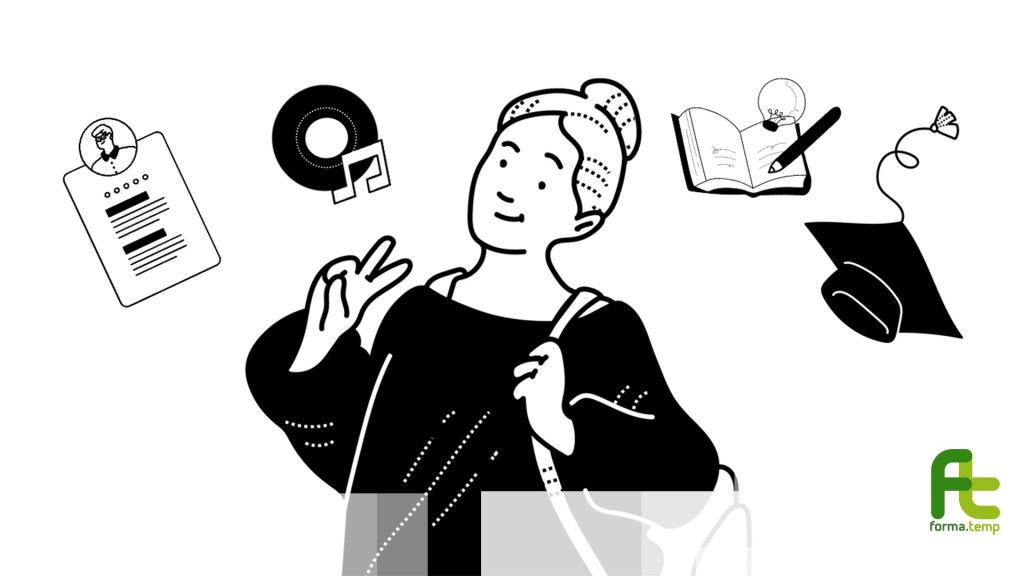 A woman with a backpack making a peace sign, surrounded by icons representing music, education, and creativity, including a clipboard, a musical note, an open book with a light bulb, and a graduation cap.