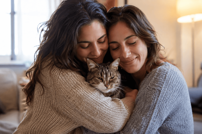 Donna che abbraccia affettuosamente un gatto domestico in un ambiente accogliente. La scena trasmette serenità, benessere emotivo e il profondo legame affettivo tra esseri umani e animali da compagnia.