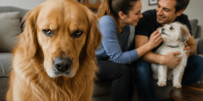 Cane e gatto seduti accanto al loro proprietario in un ambiente domestico luminoso, mentre osservano con attenzione l'interazione tra l'essere umano e un altro animale, rappresentando il tema della gelosia negli animali domestici.