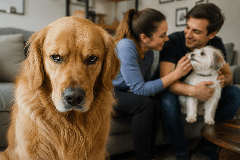 Cane e gatto seduti accanto al loro proprietario in un ambiente domestico luminoso, mentre osservano con attenzione l'interazione tra l'essere umano e un altro animale, rappresentando il tema della gelosia negli animali domestici.