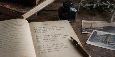 Manoscritto poetico aperto su un tavolo di legno con penna stilografica, libri antichi e fotografie d'epoca, ispirato alla poesia Liberté di Paul Éluard, in atmosfera calda e nostalgica