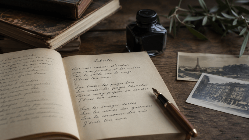 Manoscritto poetico aperto su un tavolo di legno con penna stilografica, libri antichi e fotografie d'epoca, ispirato alla poesia Liberté di Paul Éluard, in atmosfera calda e nostalgica