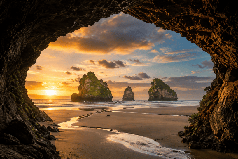 Vista panoramica dall'interno di una grotta costiera verso una spiaggia dorata al tramonto, con tre faraglioni rocciosi emergenti dall'oceano e riflessi luminosi sulla sabbia bagnata.