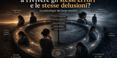 Donna che cammina all’interno di un percorso circolare simbolico, circondata da immagini di relazioni, cuori spezzati e catene, mentre una porta luminosa rappresenta la possibilità di uscire dai loop emotivi e dagli schemi ripetitivi della vita.