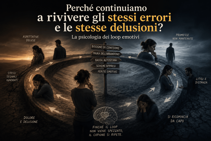 Donna che cammina all’interno di un percorso circolare simbolico, circondata da immagini di relazioni, cuori spezzati e catene, mentre una porta luminosa rappresenta la possibilità di uscire dai loop emotivi e dagli schemi ripetitivi della vita.