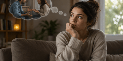 Donna seduta sul divano mentre riflette intensamente, immersa nei propri pensieri e in una conversazione immaginaria, simbolo dell’overthinking sociale e dei dialoghi mentali che spesso accompagnano la vita quotidiana.