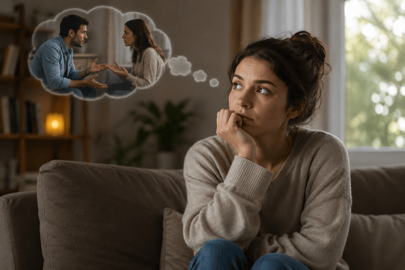 Donna seduta sul divano mentre riflette intensamente, immersa nei propri pensieri e in una conversazione immaginaria, simbolo dell’overthinking sociale e dei dialoghi mentali che spesso accompagnano la vita quotidiana.