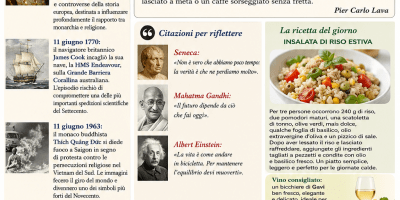 Buongiorno dell’11 giugno 2026 con alba estiva su una città italiana, eventi storici del giorno, citazioni famose, ricetta dell’insalata di riso, consigli di benessere e grafica editoriale dedicata ai lettori.