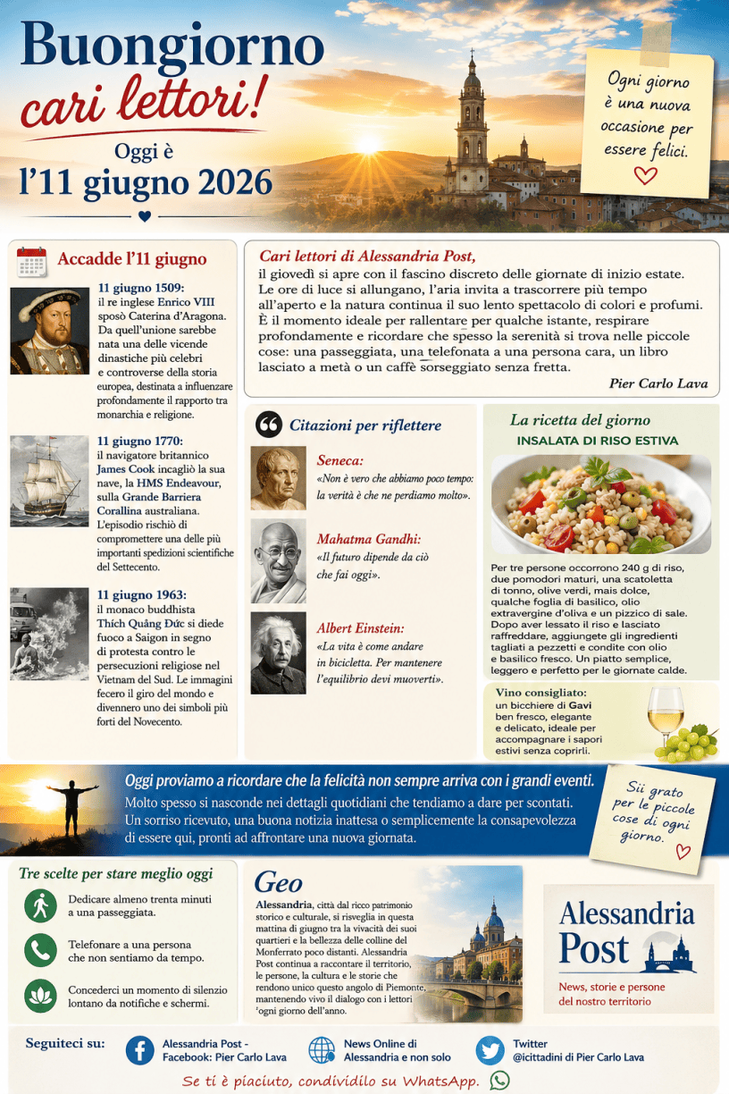 Buongiorno dell’11 giugno 2026 con alba estiva su una città italiana, eventi storici del giorno, citazioni famose, ricetta dell’insalata di riso, consigli di benessere e grafica editoriale dedicata ai lettori.