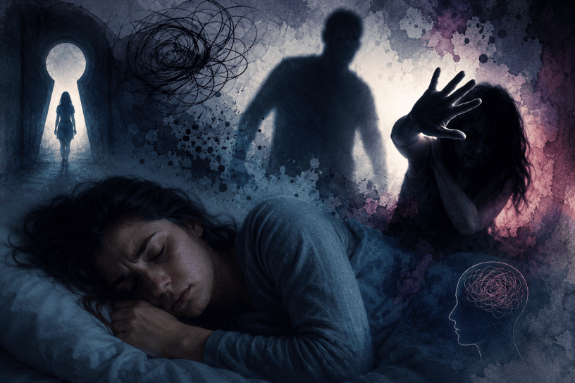 Donna immersa in un'atmosfera onirica e simbolica, tra ombre, luce soffusa e frammenti di sogni, rappresentazione psicologica delle paure e dei conflitti interiori legati ai sogni di violenza e invasione emotiva.