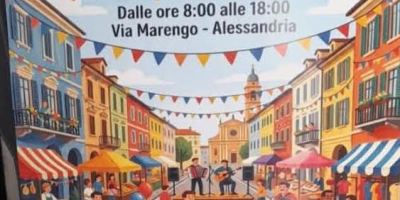 Manifesto colorato dell'evento "Via Marengo in Festa" ad Alessandria, con illustrazioni di famiglie, mercatini, musica dal vivo e attività all'aperto nel centro cittadino.